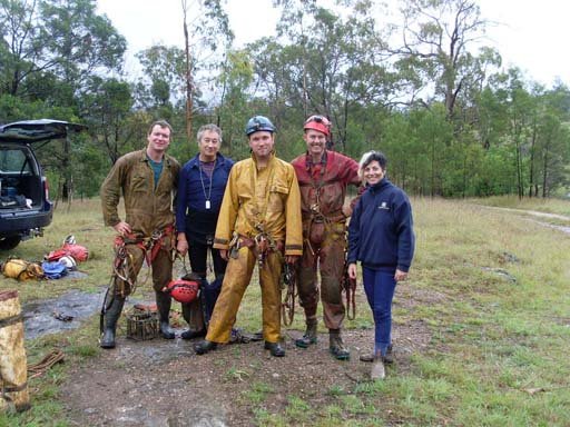 Left to right, Andy Higgins, Peter Freeman, Tom Aberdeen (Author), Doug Henry and Helen Higgins (who got changed quickly!) after a 6-hour trip into Elk River Cave. Photo by Doug Henry