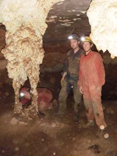 A very strange formation near the bottom of the entrance pitch in Punchbowl Cave. The author and someone I can't remember, from many years ago.